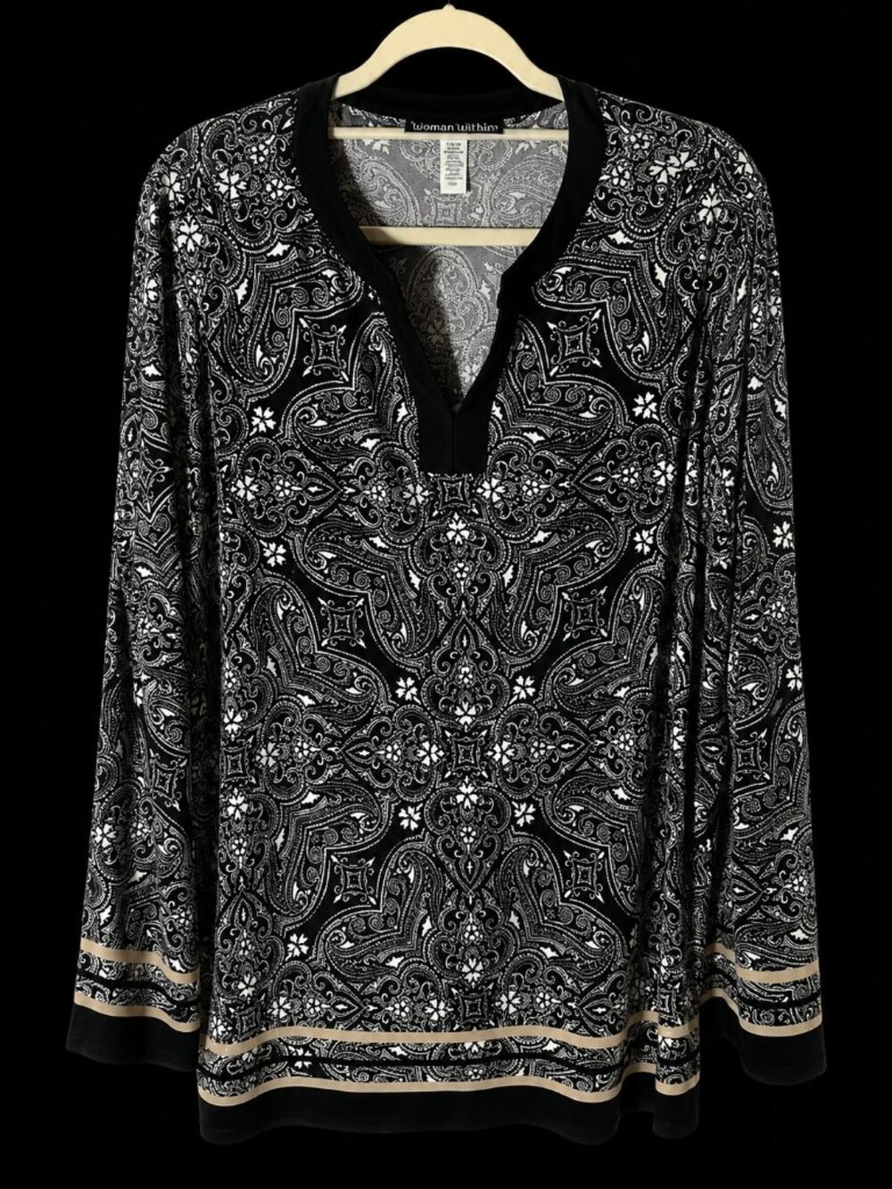 QVC Black and White Paisley-Print V-Neck Long Sleeve Top